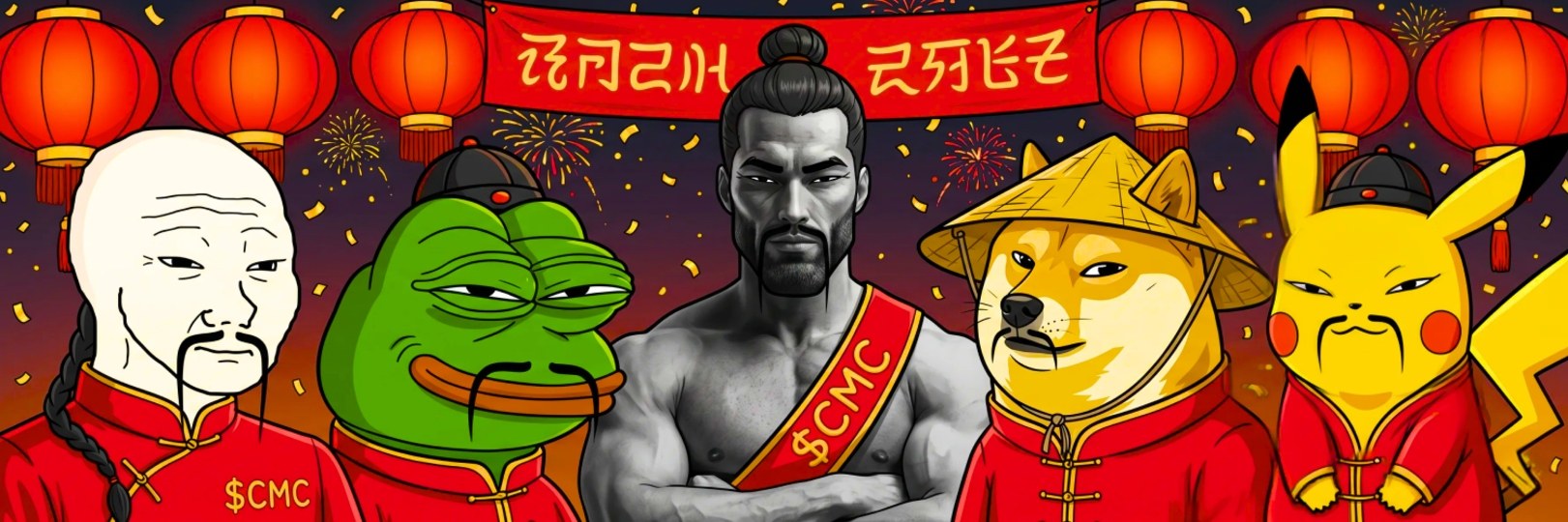 the meme crew posing under red lanterns and a festival banner with fireworks