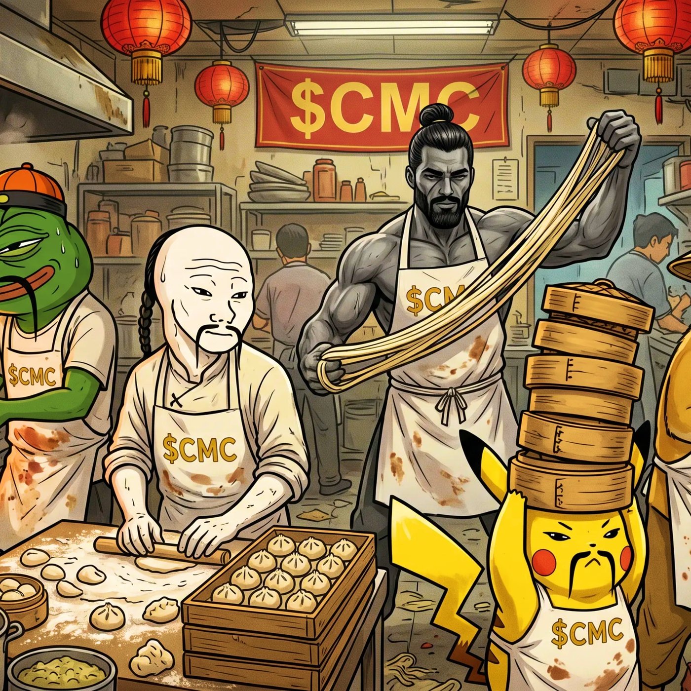 the meme crew in $CMC aprons running a busy dumpling and noodle kitchen