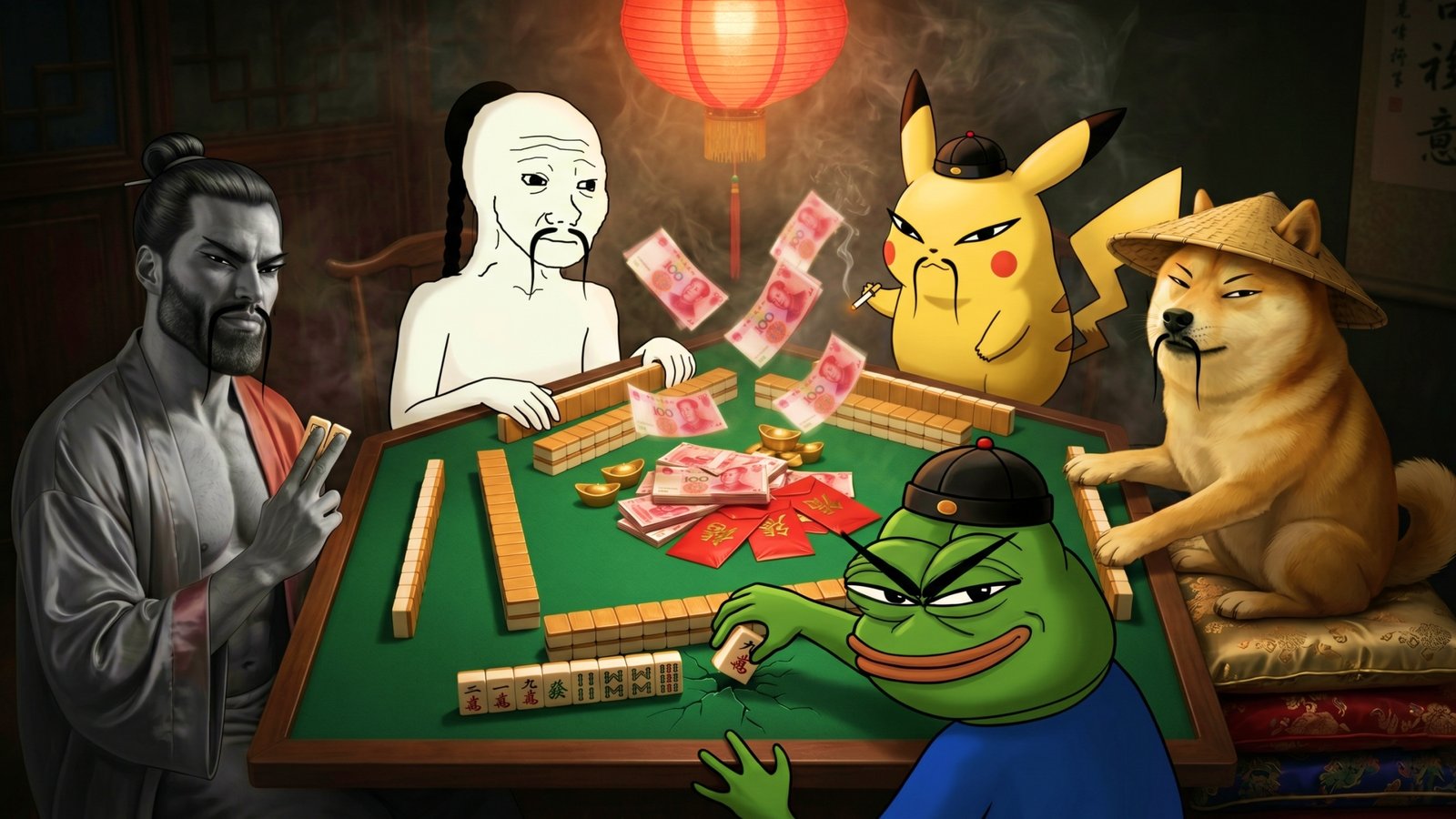 the crew playing a high-stakes mahjong game at midnight with stacks of yuan on the table