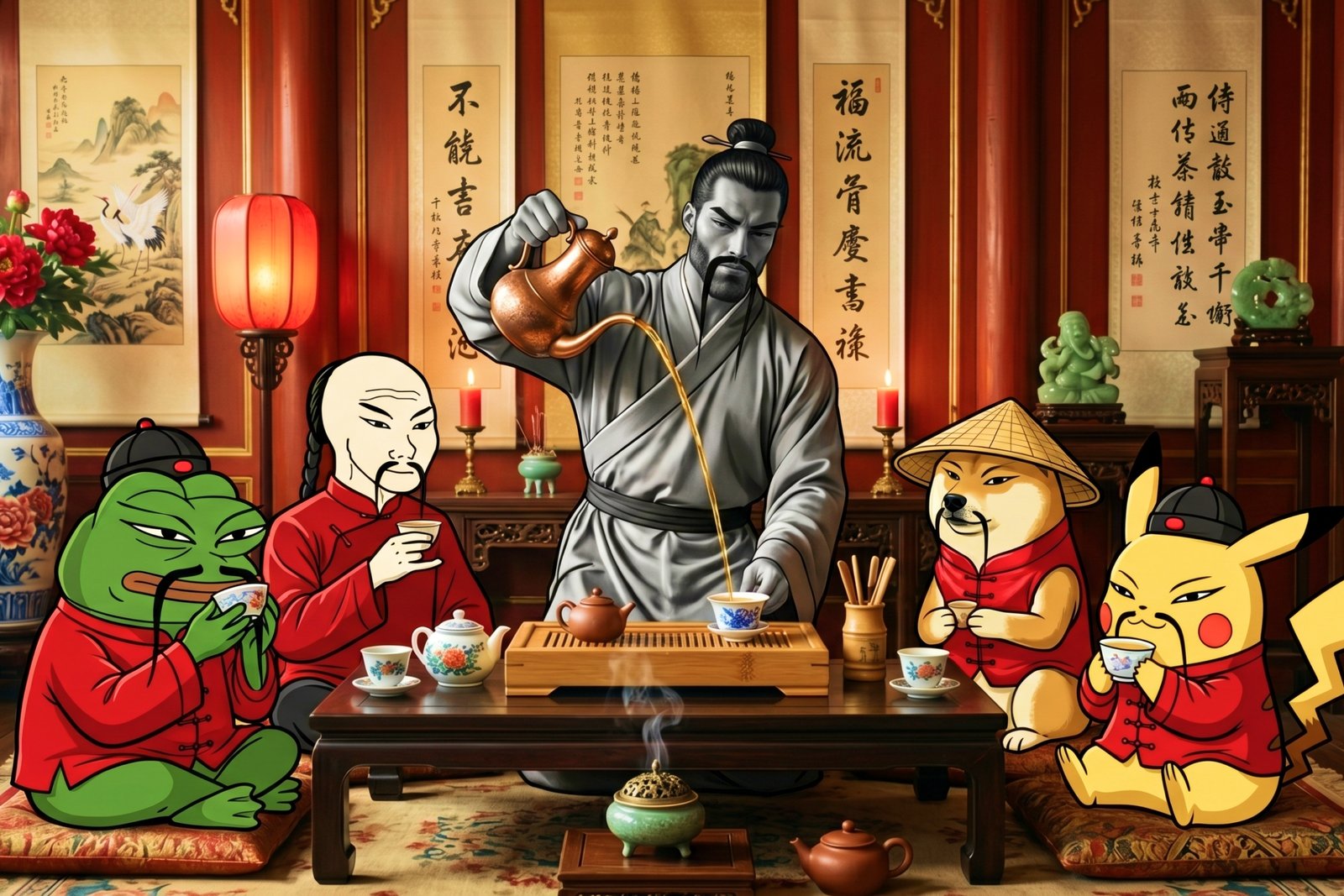 the crew at a formal tea ceremony, gigachad pouring tea from a height