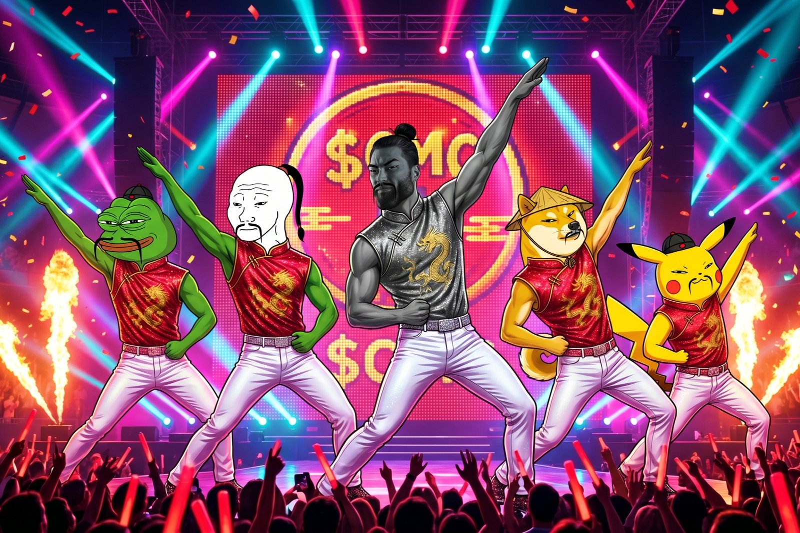 the meme crew dabbing on a concert stage with $CMC on the screen behind them