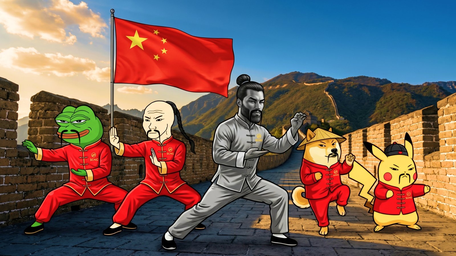 the crew doing kung fu poses on the Great Wall under a Chinese flag